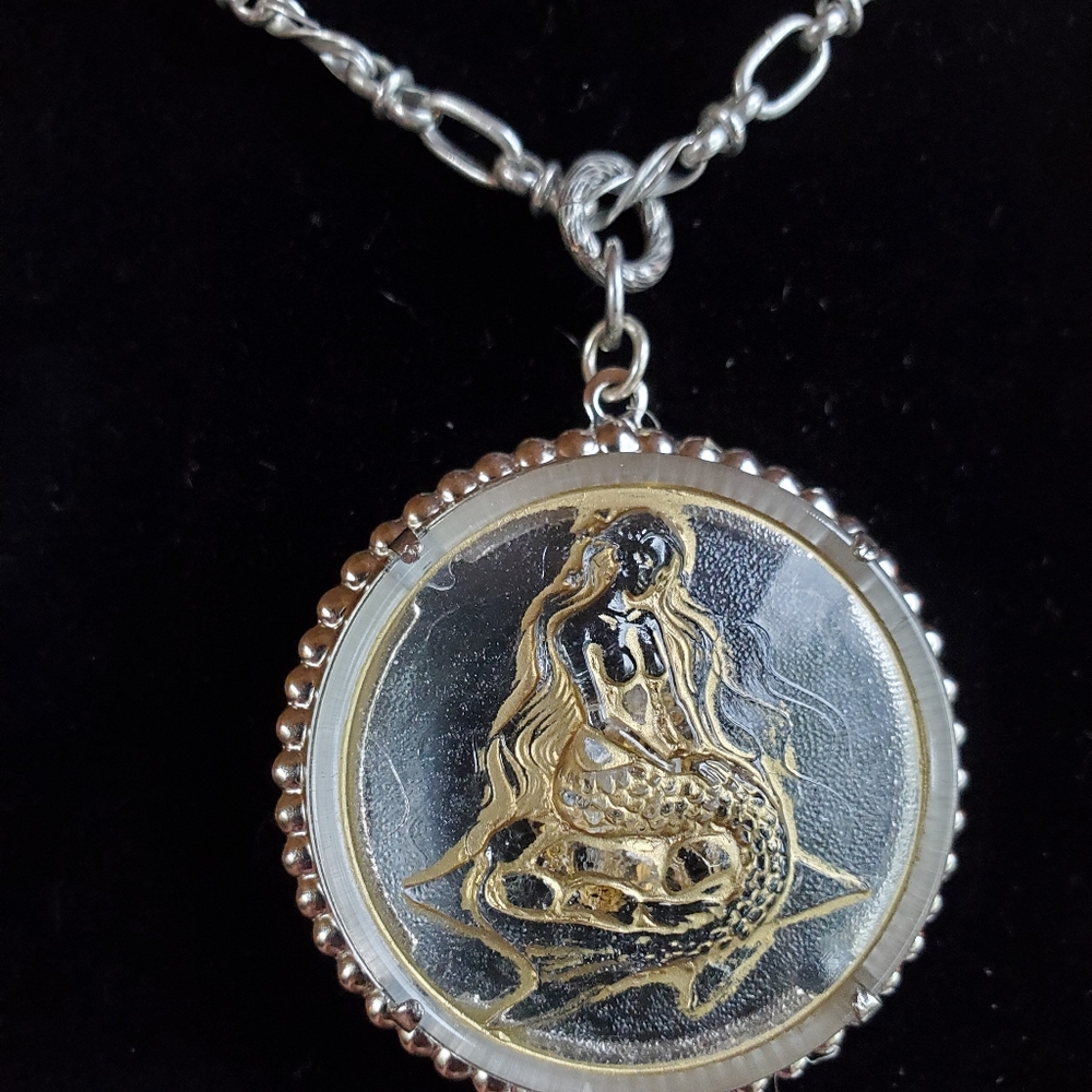 Silver Tone & Gold Etched Mermaid Pendant